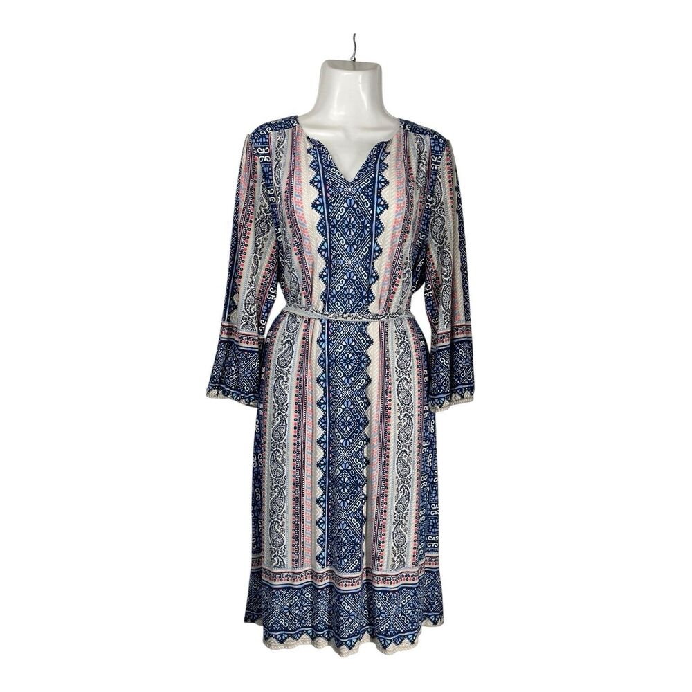 AUW Dress Womens 16 Blue Pink Geometric Long Sleeve Belted Stretch Boho Modest